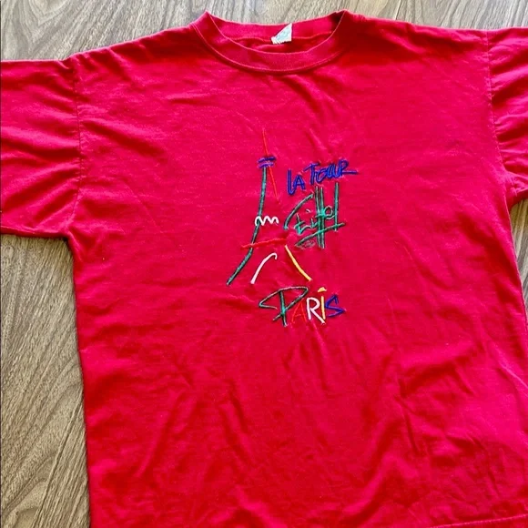 Vintage 90s Paris Eiffel Tower Red France Embroidered 100% Cotton T Shirt Large - Picture 1 of 7